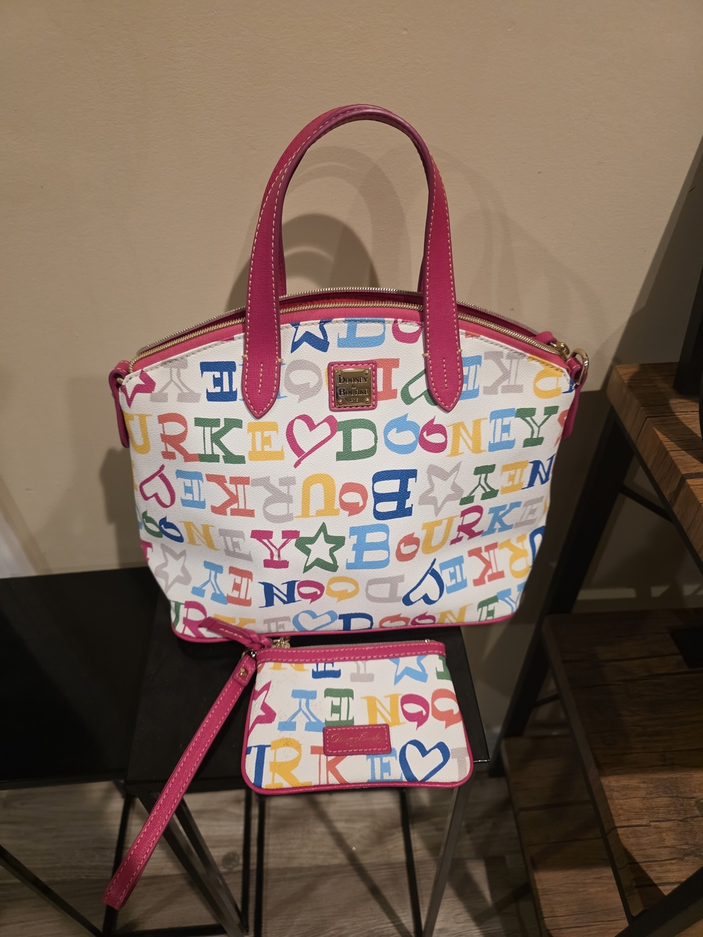 Dooney & Bourke White Multicolor Logo Tote with Pink Trim and Wristlet